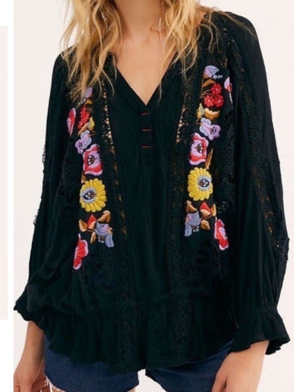 Free People Black Floral Embroidered Boho Tunic
